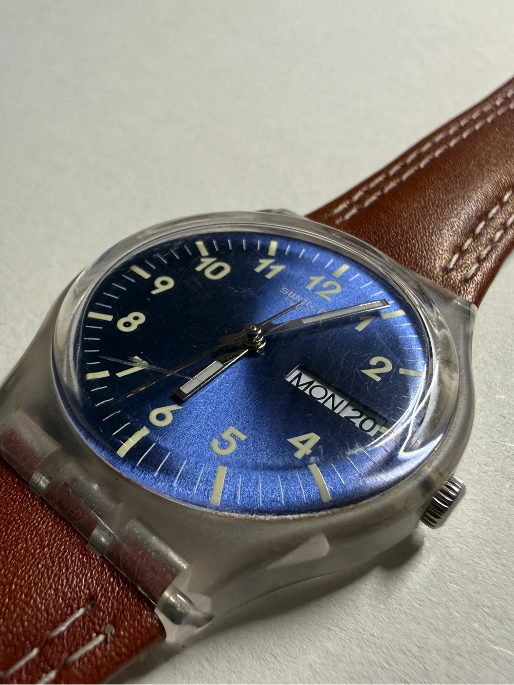 Swatch Blue Face with Brown Strap